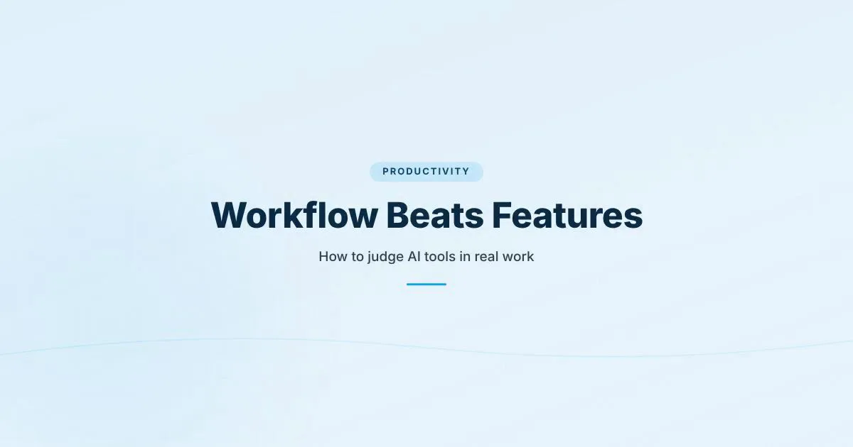Branded HungryMinded cover reading Workflow Beats Features, with a purple hyperframe design for judging AI tool workflow fit