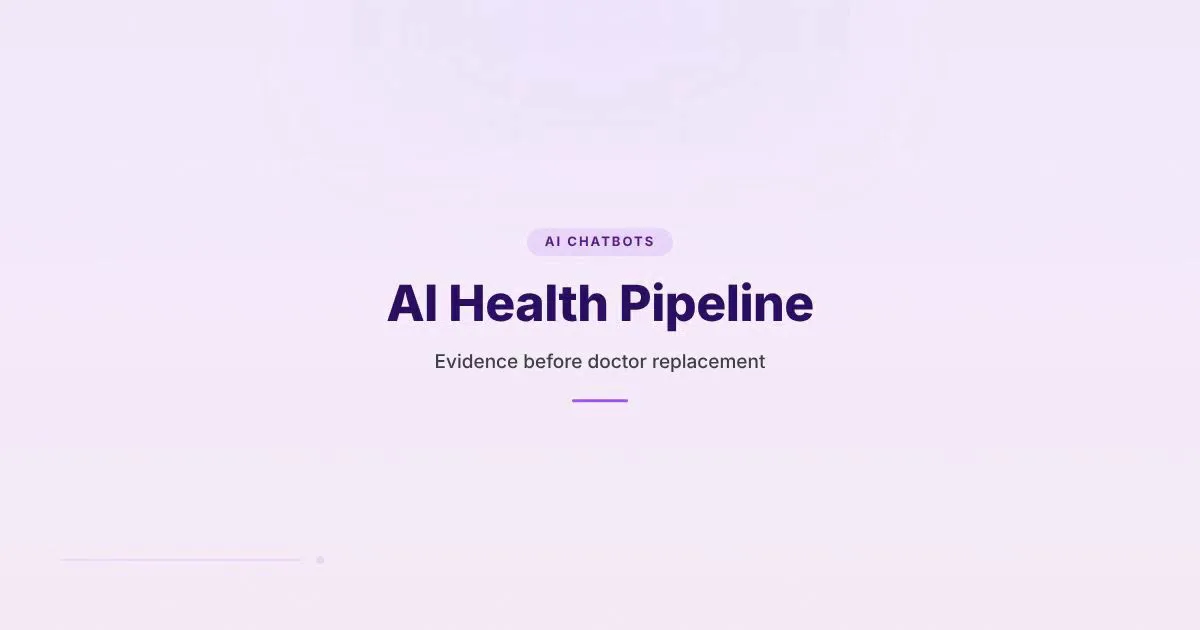 Branded HungryMinded cover reading AI Health Pipeline, with a purple hyperframe design about evidence before doctor replacement