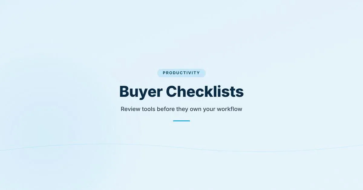 A branded HungryMinded cover reading Buyer Checklists, about reviewing AI tools before they become part of a workflow.