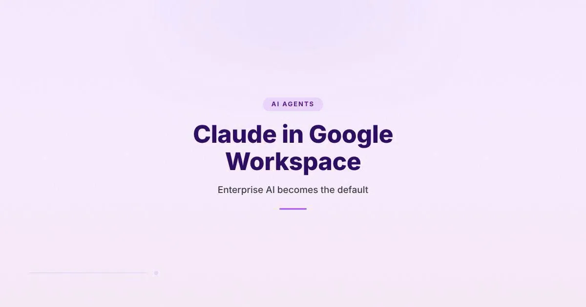 Claude in Google Workspace: text overlay reading 'Claude in Google Workspace' with subtitle 'Enterprise AI becomes the default' on branded cover design