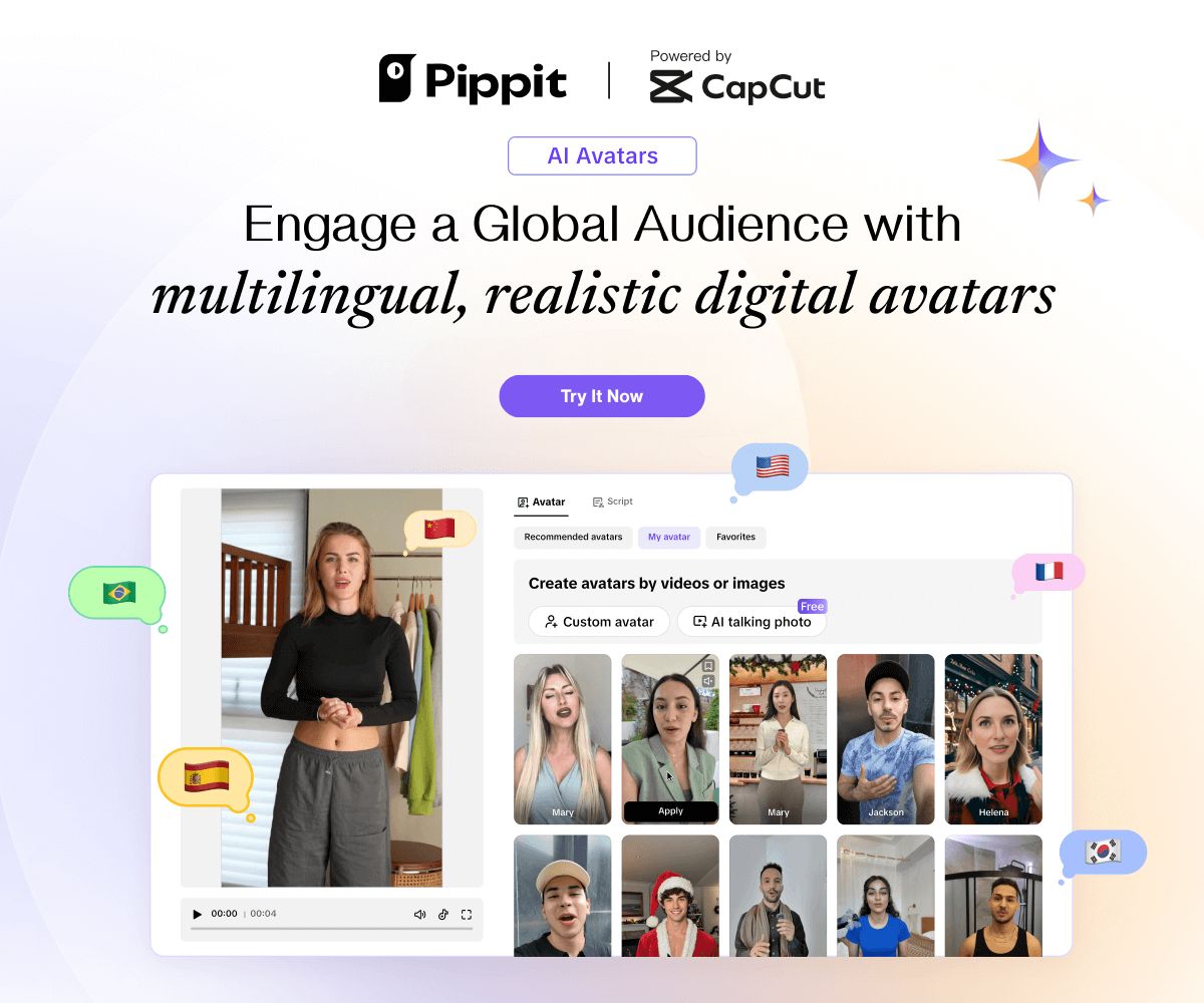 Pippit AI Avatars interface showing realistic presenters and multilingual options