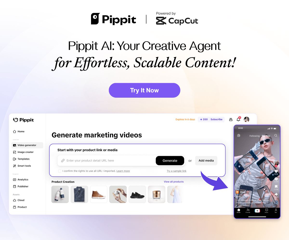 Pippit workspace generating a marketing video from a product link, shown beside a vertical social video